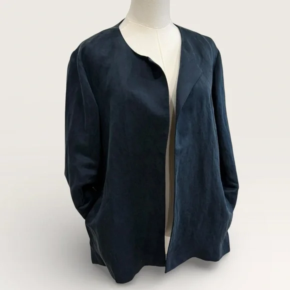 Eileen Fisher Large Linen Silk Satin Round Neck Open Jacket Deep Adriatic Blue - Picture 3 of 16